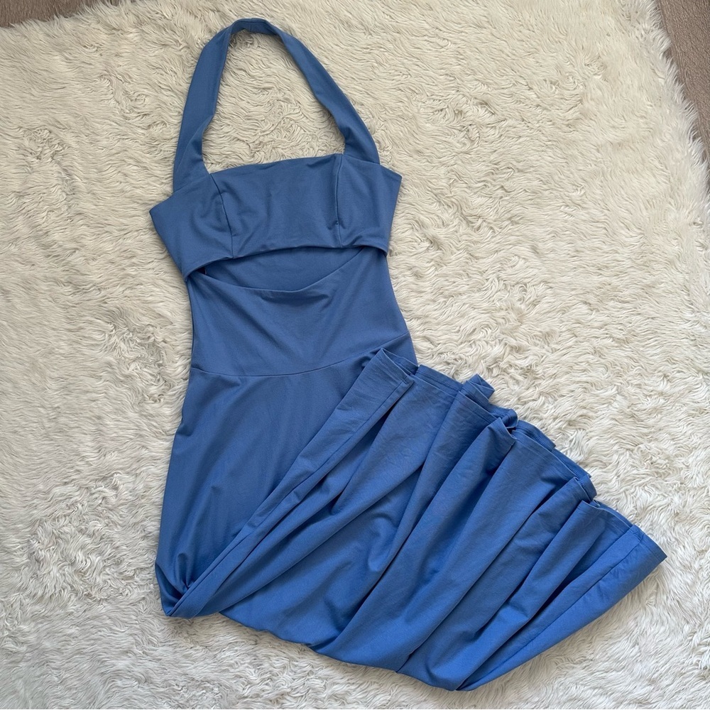 Reformation Dress Sonali Knit Midi Halter Cut Out Drop Waist Sky Blue Sz XS